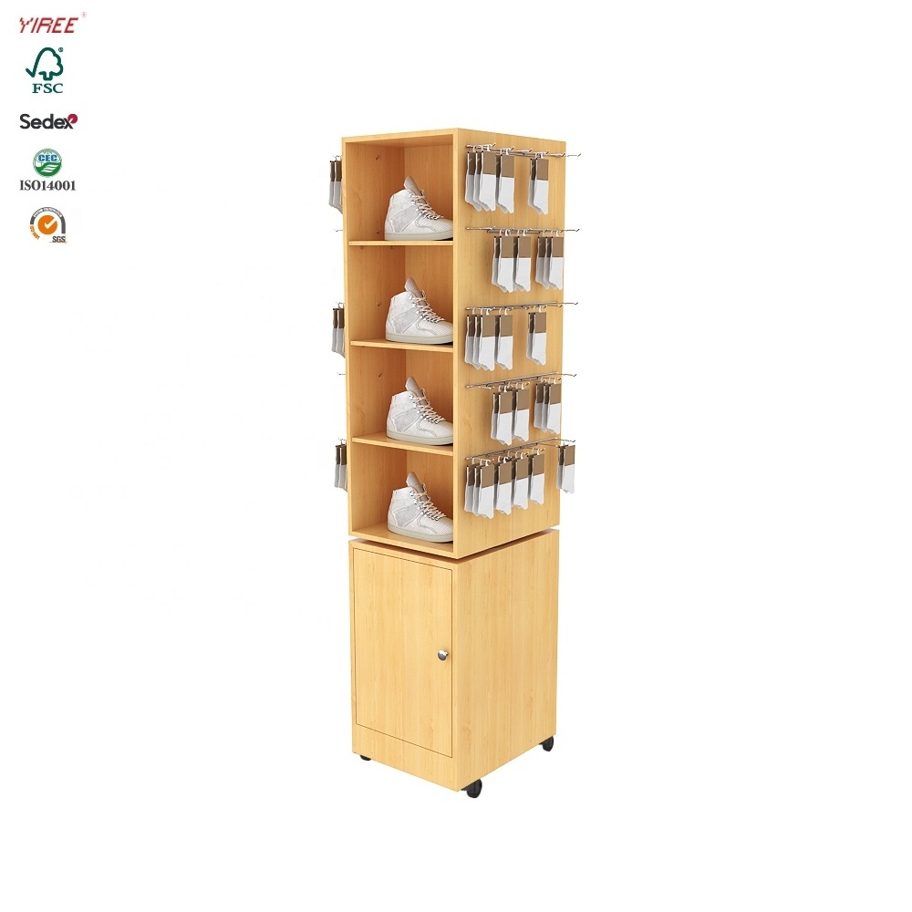 Retail socks store fixtures hook design wood showcase shoe shop shelves and display cabinets with wheel