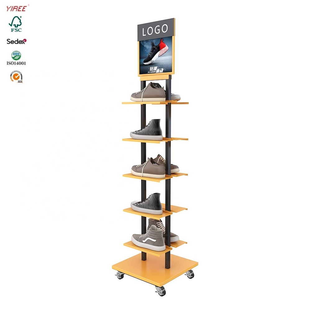 Sport kid brand store fixtures custom retail fitting metal gold rotating stand shoes display racks for shops