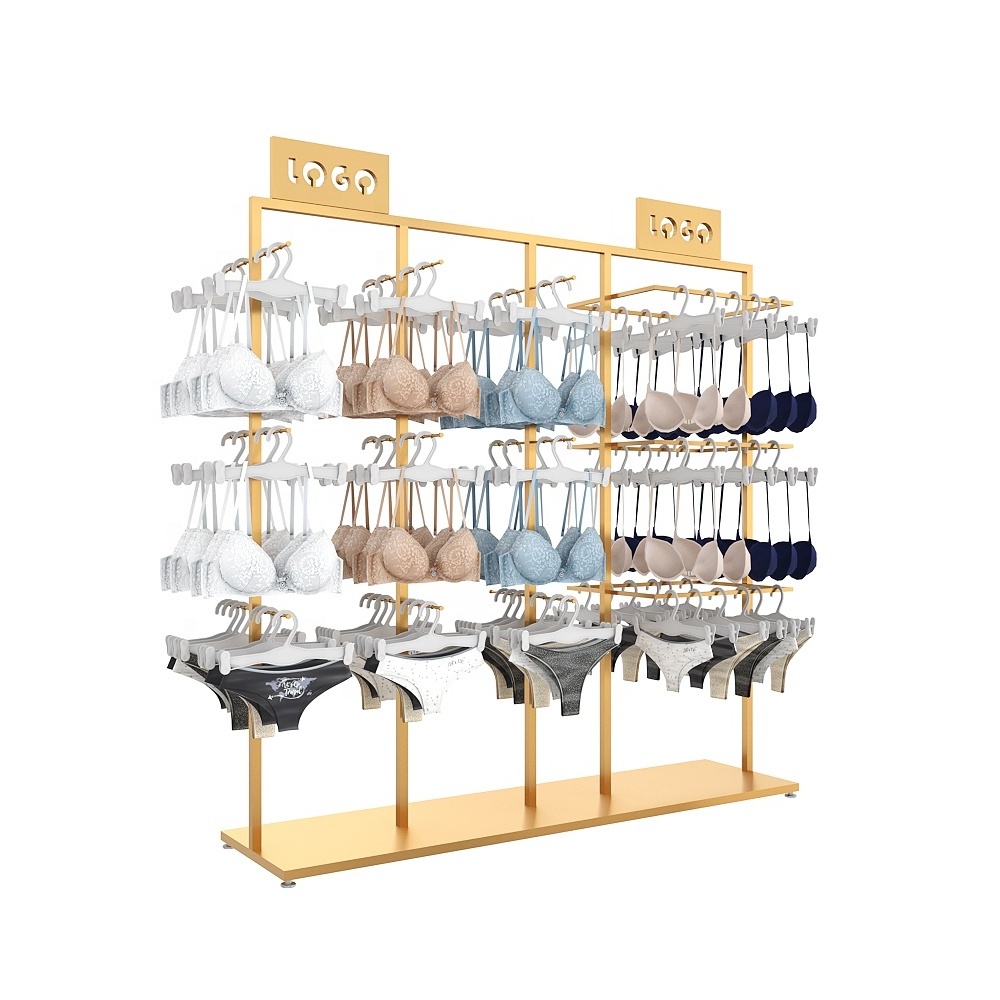 Custom bra brand swimwear shop fitting underwear shelves design metal gold lingerie store display furniture