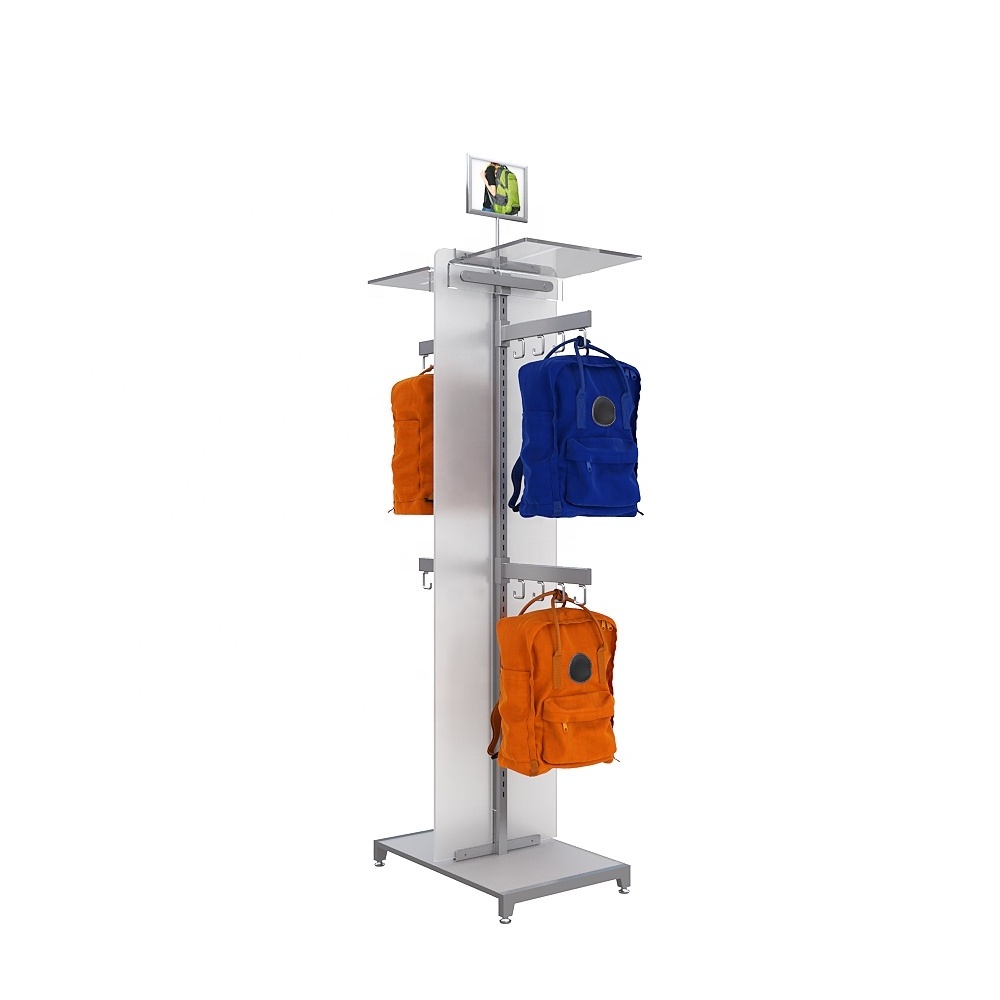 Double sides shop fittings manufacturer shelf supplies iron stand acrylic handbag display for backpack bags