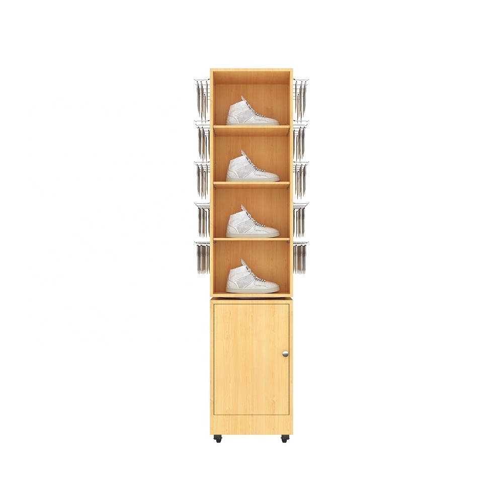 Retail socks store fixtures hook design wood showcase shoe shop shelves and display cabinets with wheel