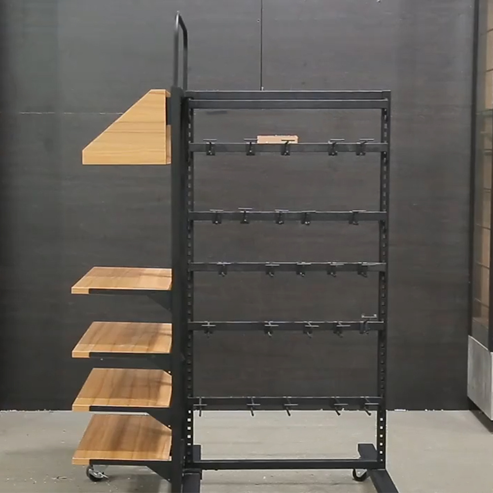 Factory retail store free combination wood movable casters multi function shelf gondola rack with hooks