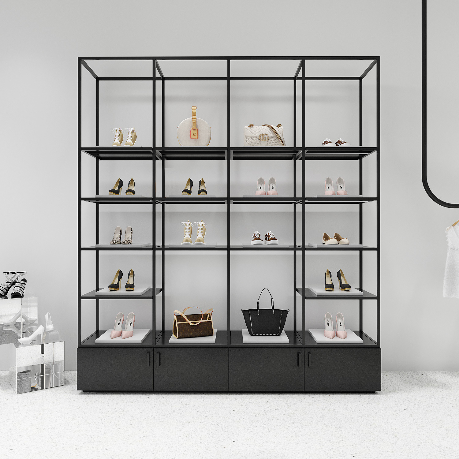 Shelves luxury store fixtures brand metal cabinets polish wall display rack for handbags and shop fittings