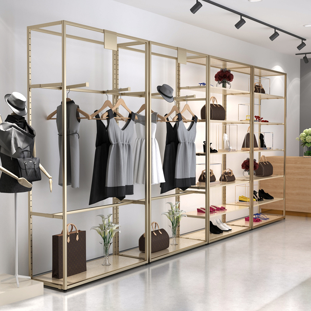 Luxury clothing store fixtures mall metal gold wall floor stand custom clothes display rack