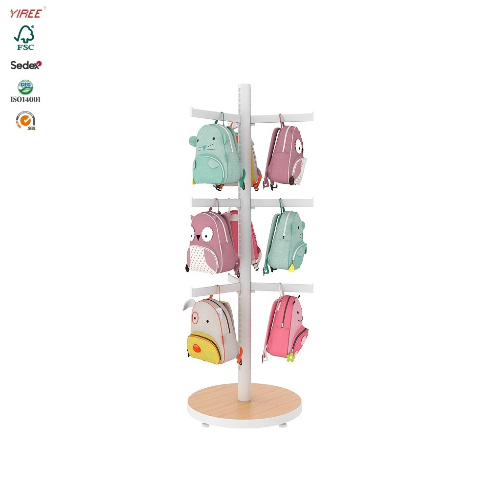 Schoolbag brand shop advertising mountain backpack display rack manufacturer polish white wood school bag shelf