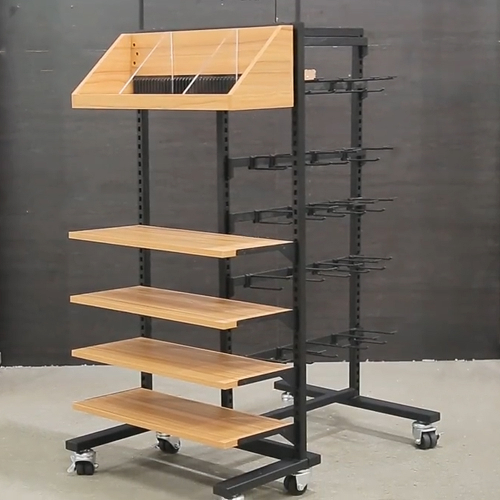 Factory retail store free combination wood movable casters multi function shelf gondola rack with hooks