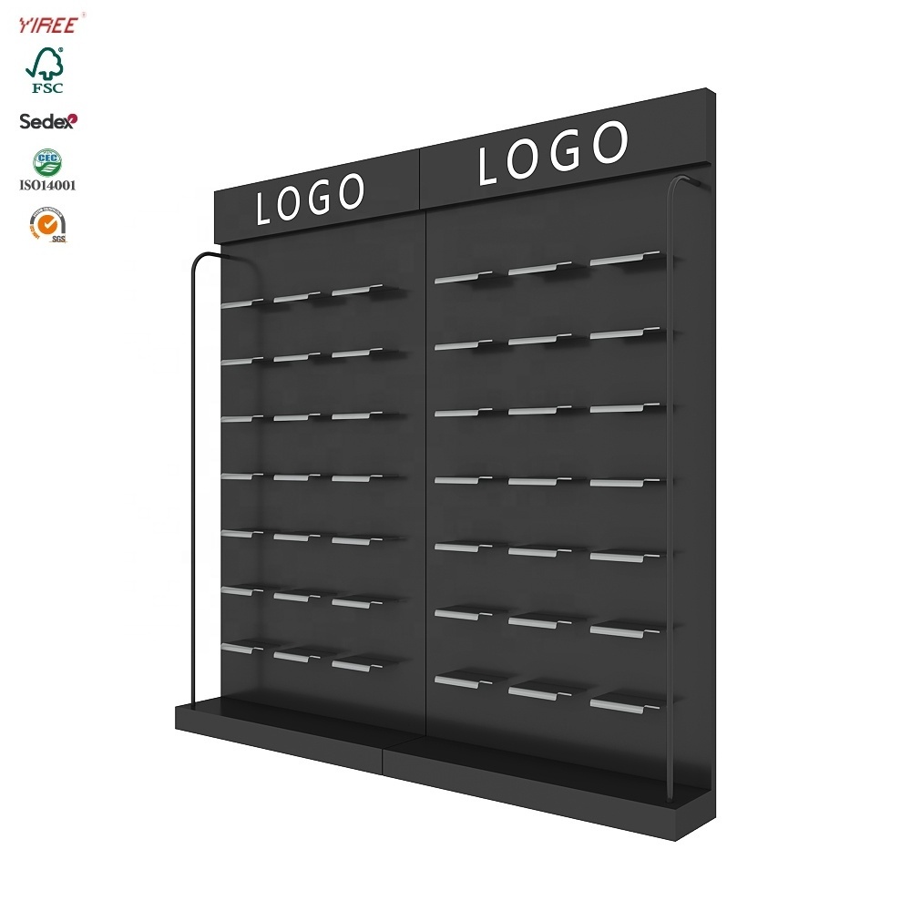 Modern custom sports footwear brand logo steel frame black double wall mounted shoe display for retail shop