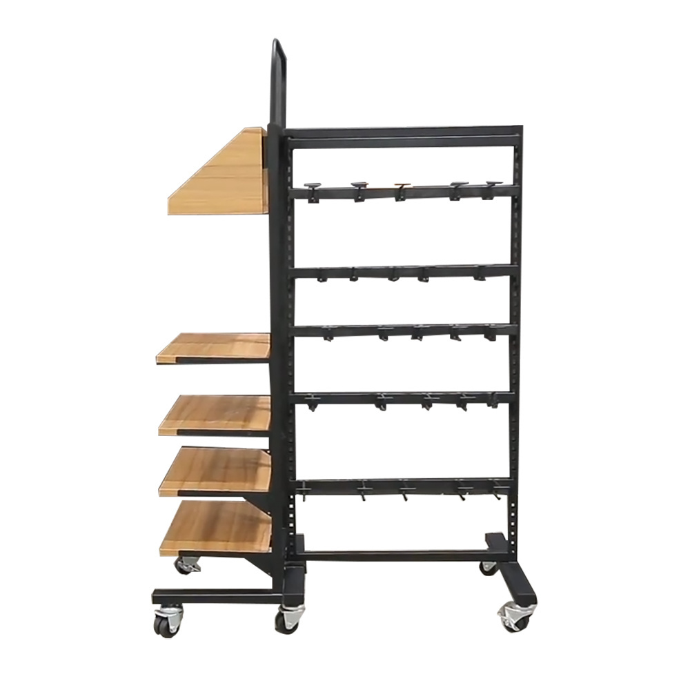 Factory retail store free combination wood movable casters multi function shelf gondola rack with hooks