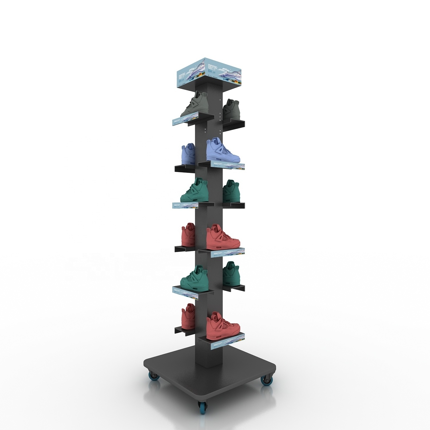 Multi sides brand store rack design metal black floor stands magnetic levitation shoe display for retail shop