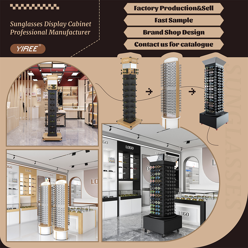 Wholesale custom eyewear logo led light lock design wood floor used optical shop display sunglasses cabinet