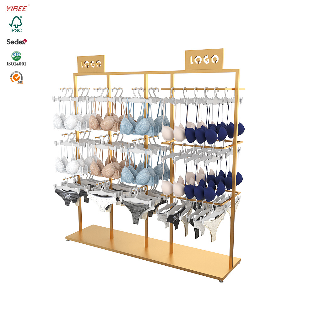 Custom bra brand swimwear shop fitting underwear shelves design metal gold lingerie store display furniture