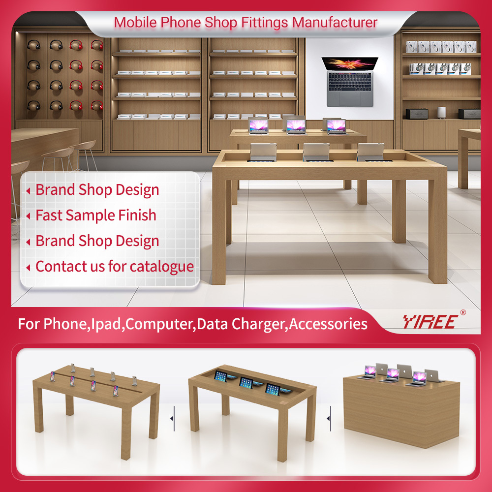 Yiree manufacturer brand shop wood rotating custom rotating mobile phone accessories display stand rack shelves