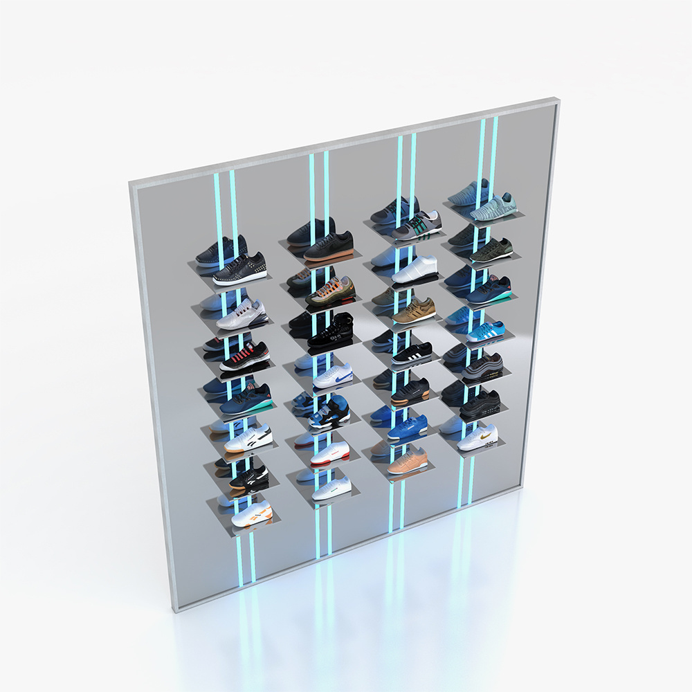 Custom retail sport footwear brand store fixtures multi layer floating wall mounted shoe display with led light