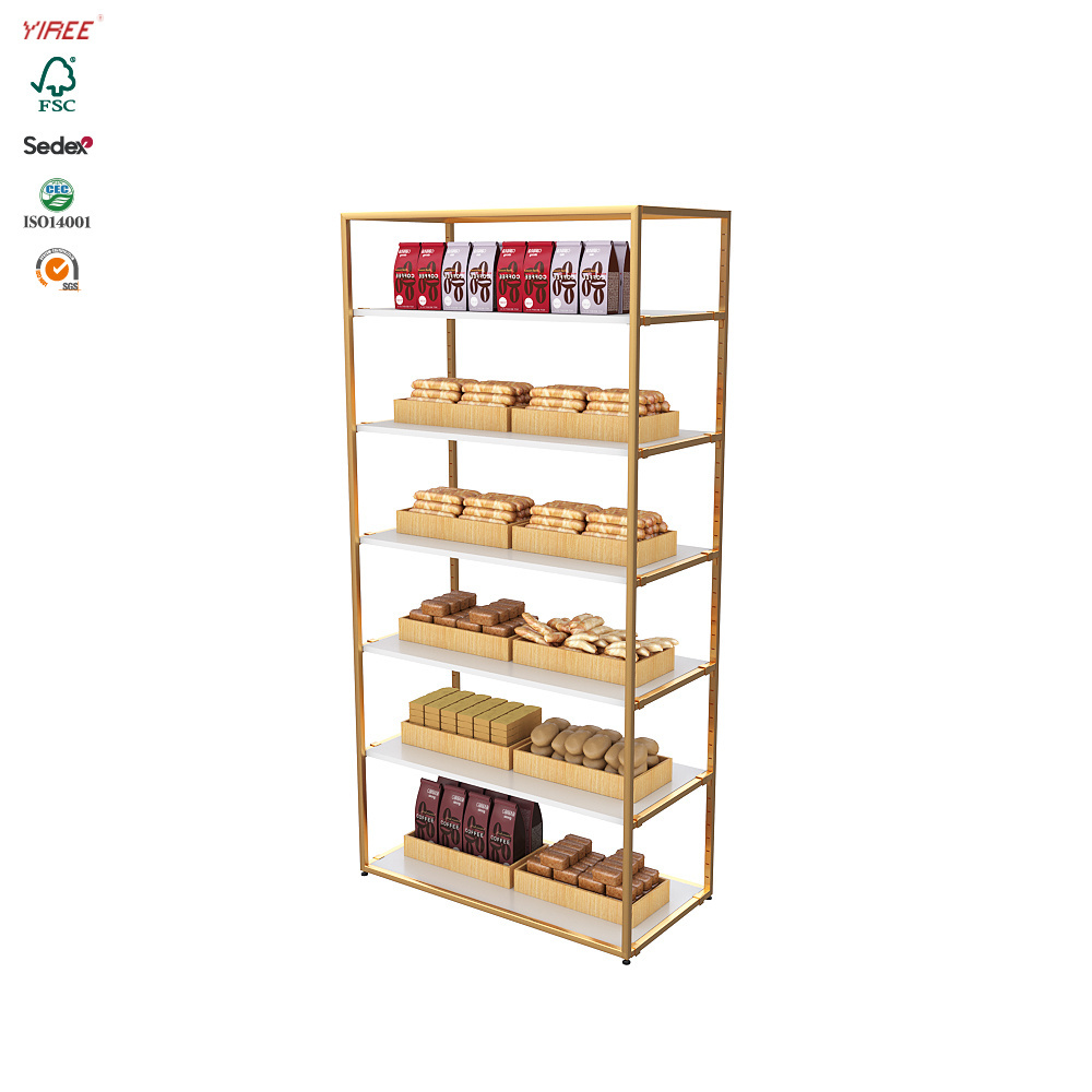 Factory sell custom retail bakery shop iron frame shelf powder coat metal gold floor stand bread display rack