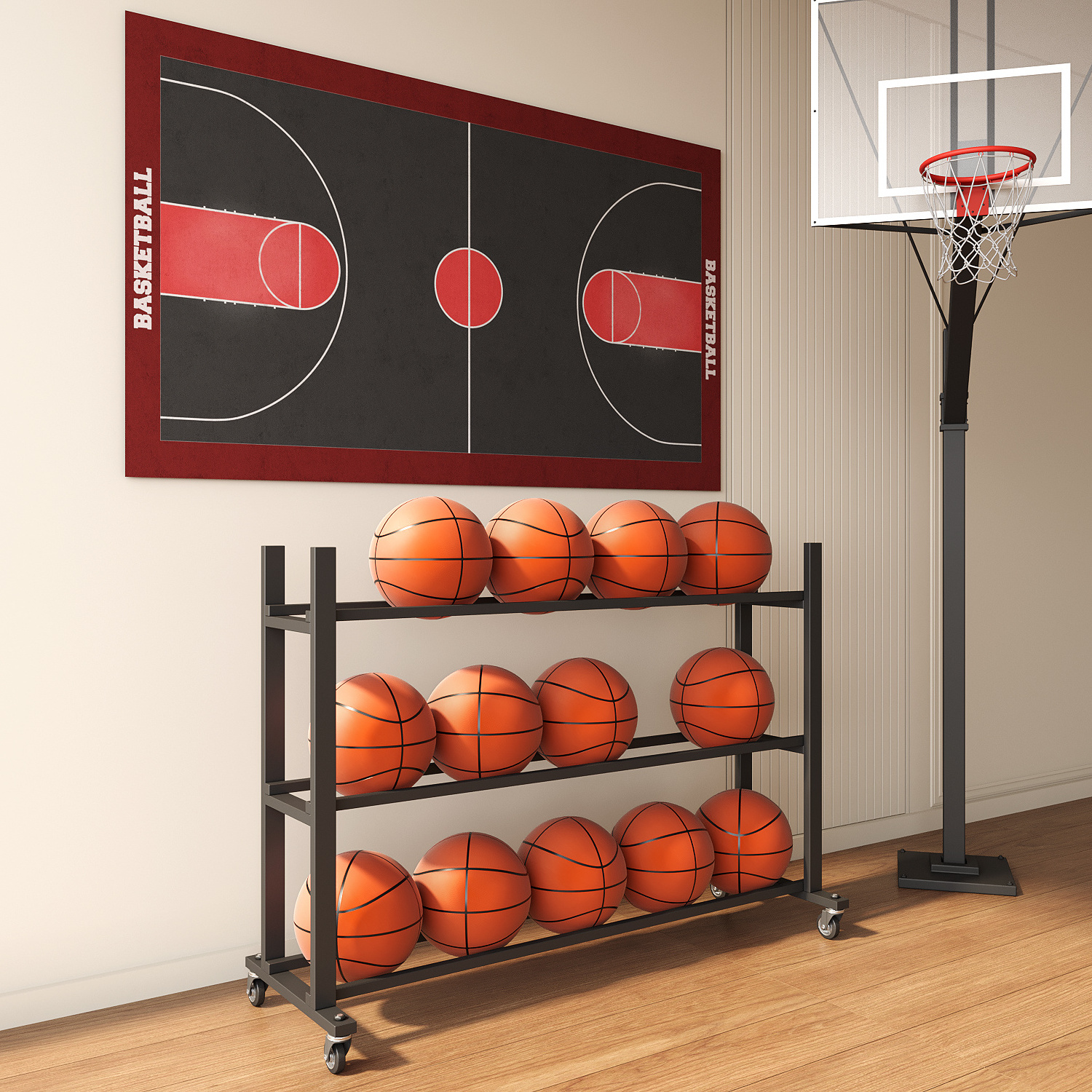 Factory sport basketball game store fixture metal paint black floor stand ball sample display racks on wheels