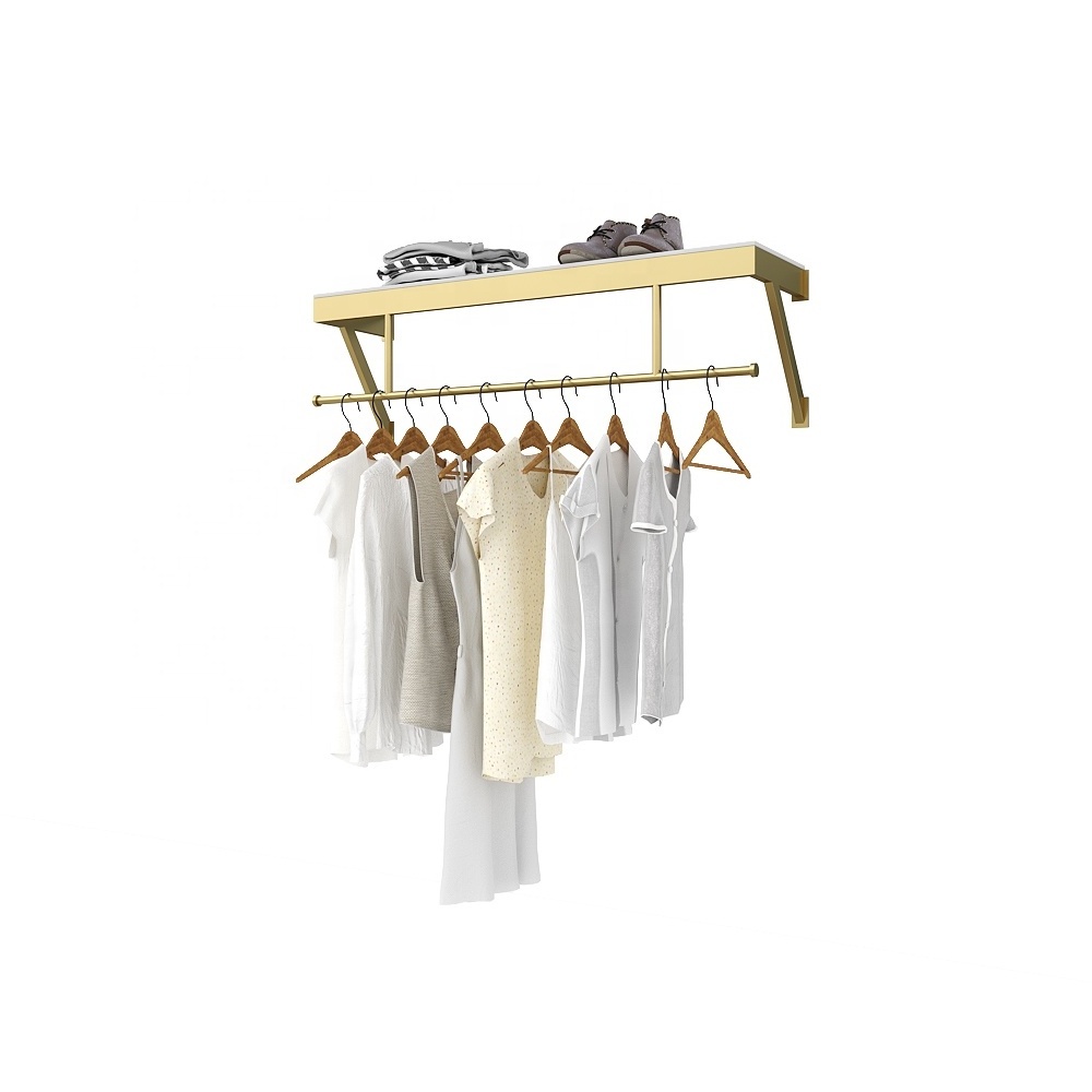 Simple hanging retail women's clothing store hangers metal gold wall mountead clothes display rack for shop