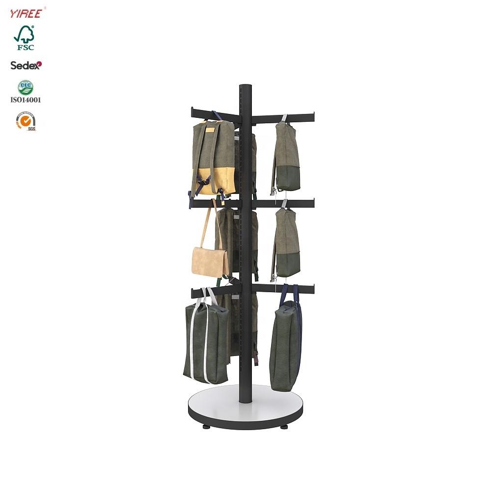 Yiree shop fittings manufacturer brand supplies wood carbon stand backpack bag display rack for school bags