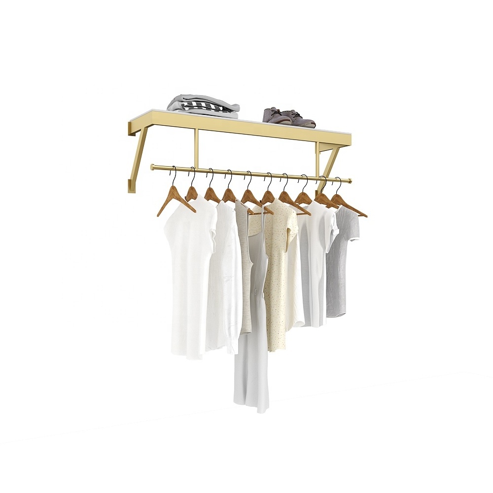 Simple hanging retail women's clothing store hangers metal gold wall mountead clothes display rack for shop