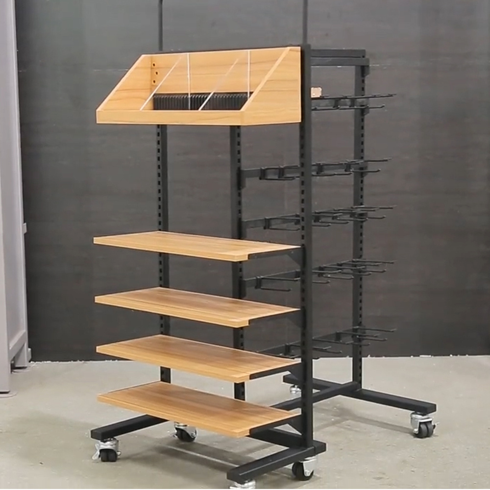 Factory retail store free combination wood movable casters multi function shelf gondola rack with hooks