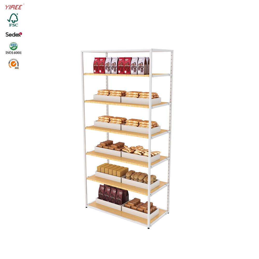 Factory sell custom retail bakery shop iron frame shelf powder coat metal gold floor stand bread display rack