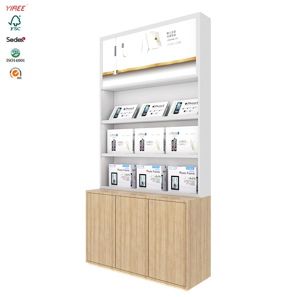 Factory made locking storage door design white tall phone case wooden wall shelf mobile display cabinet rack