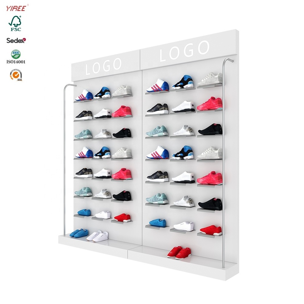 Custom brand logo modern retail footwear shop ideas frame white retail wall shoe store display racks