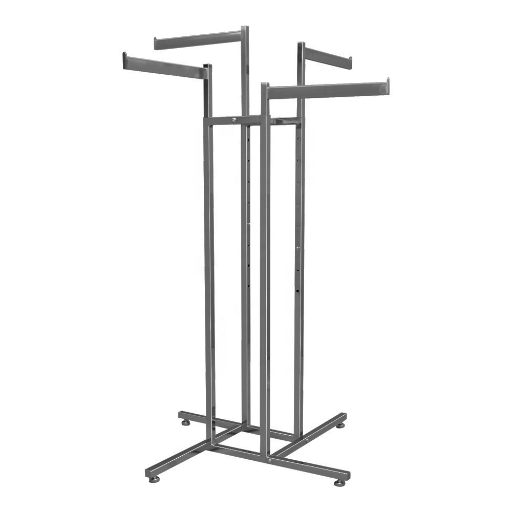 Simple luxury women clothes shop furniture metal iron rail 4 way clothing display rack for retail store