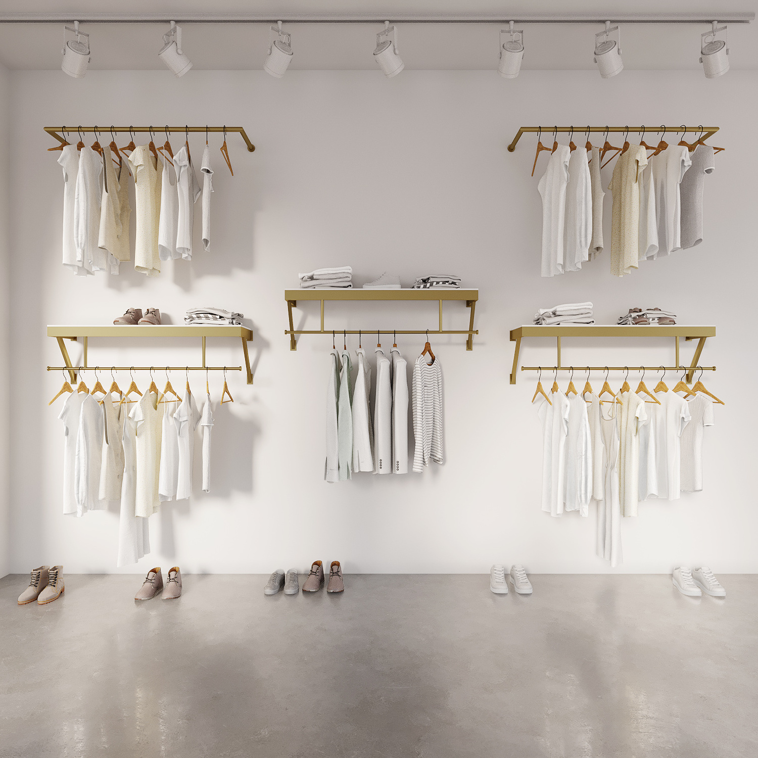 Simple hanging retail women's clothing store hangers metal gold wall mountead clothes display rack for shop