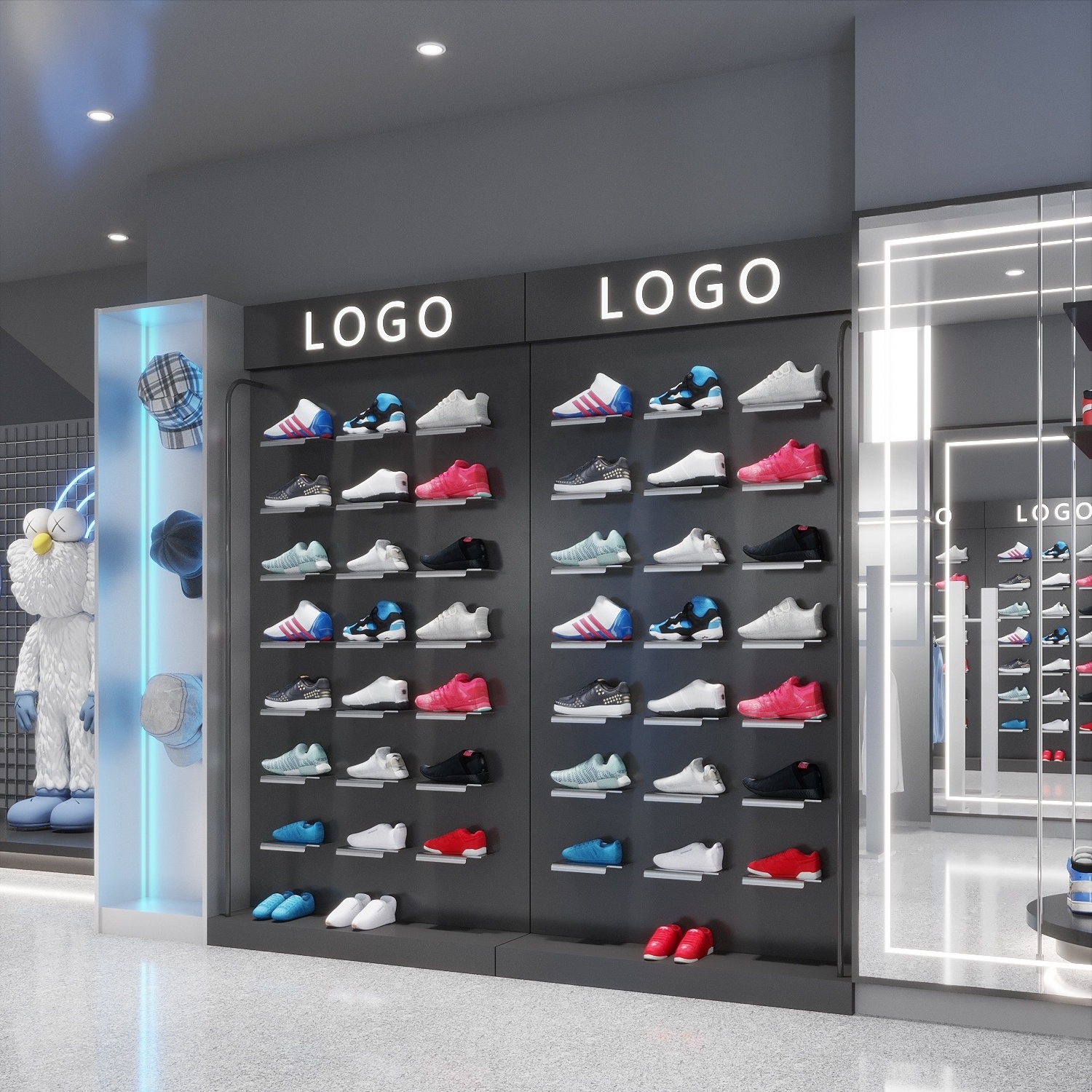 Modern custom sports footwear brand logo steel frame black double wall mounted shoe display for retail shop