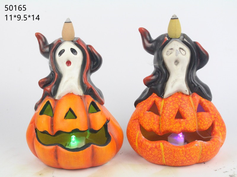 Ceramic Pumpkin Skeleton Witch Backflow Incense Holder with Colorful LED Lights for Halloween Jack O Lantern Tabletop