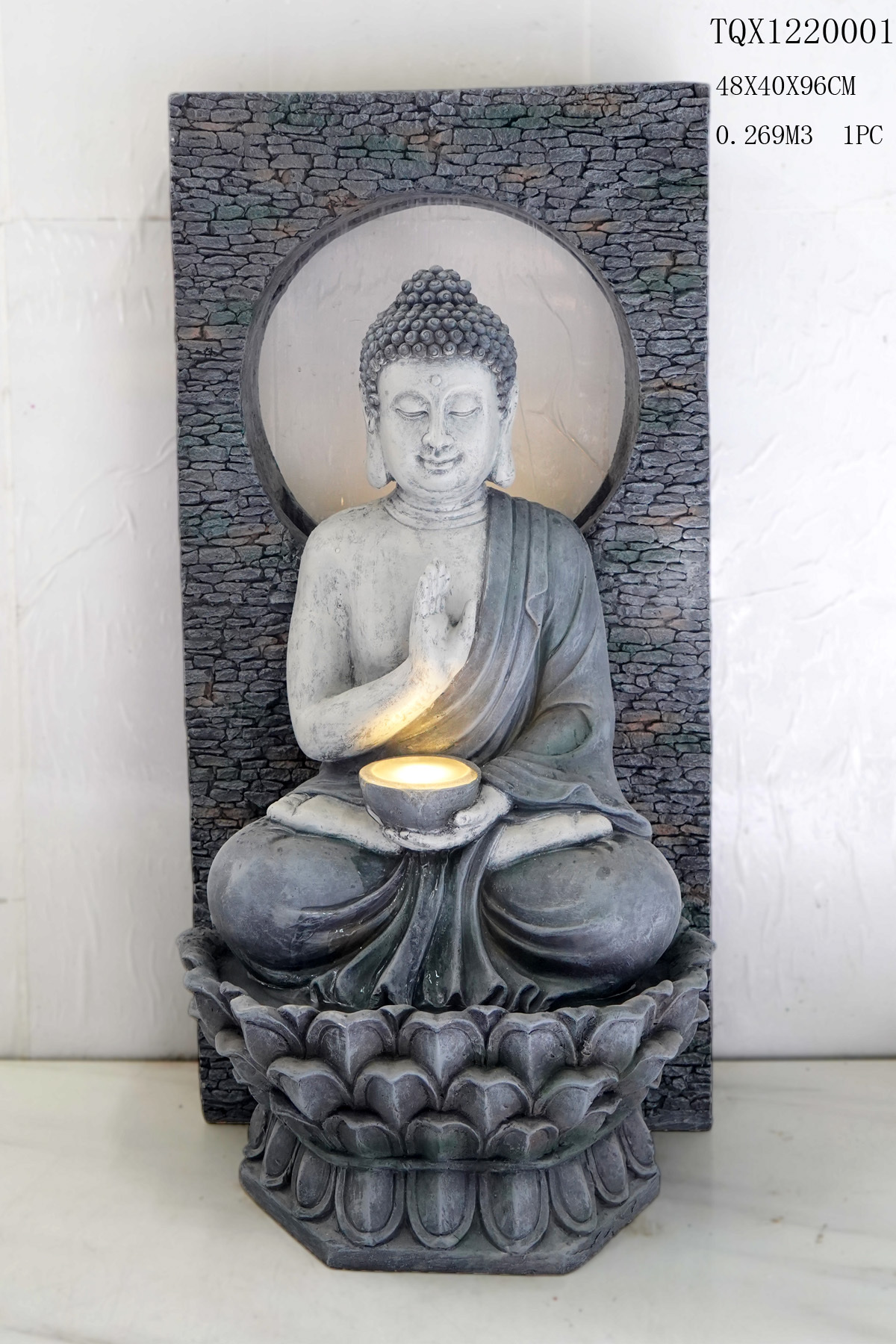 Buddha Statue Water Fountain with Rolling Glass Ball LED Lights Electric Pump Soothing Waterfall for Tabletop Indoor