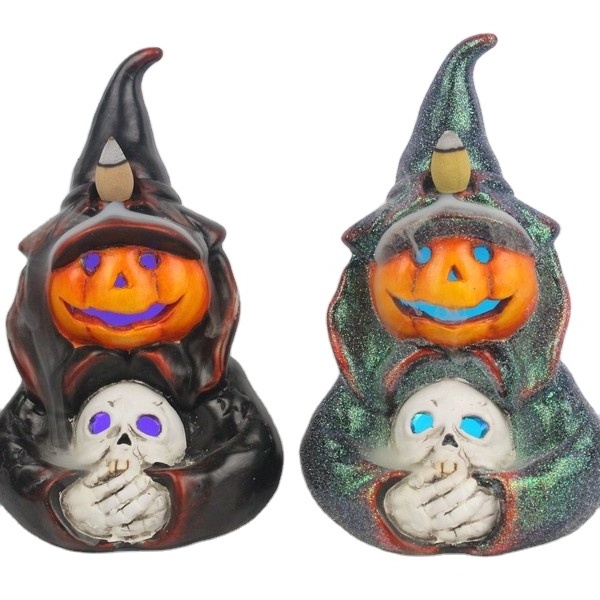 Ceramic Pumpkin Skeleton Witch Backflow Incense Holder with Colorful LED Lights for Halloween Jack O Lantern Tabletop