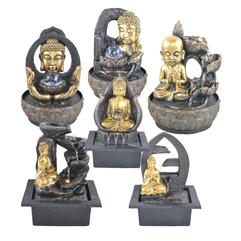 Buddha Statue Water Fountain with Rolling Glass Ball LED Lights Electric Pump Soothing Waterfall for Tabletop Indoor