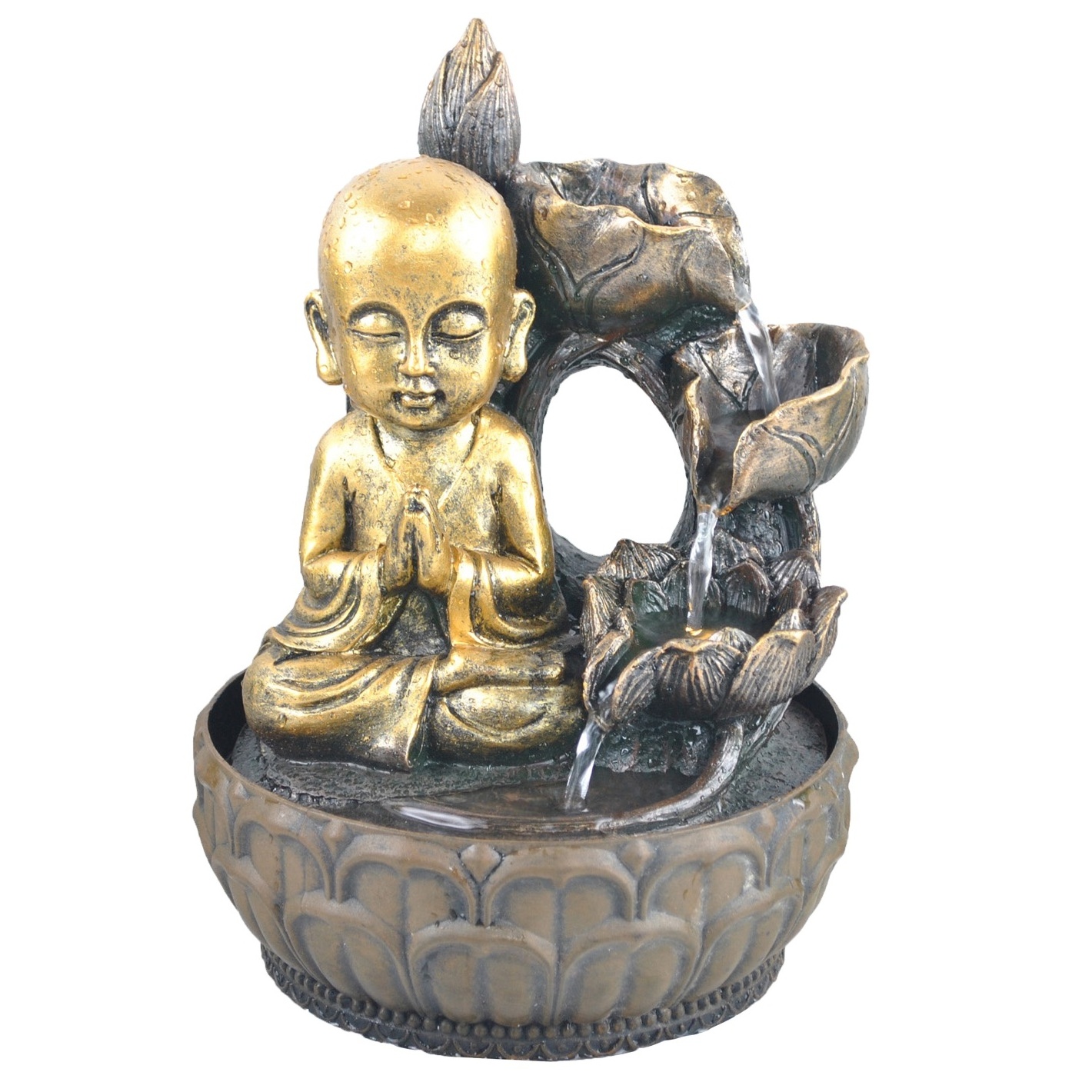 Buddha Statue Water Fountain with Rolling Glass Ball LED Lights Electric Pump Soothing Waterfall for Tabletop Indoor