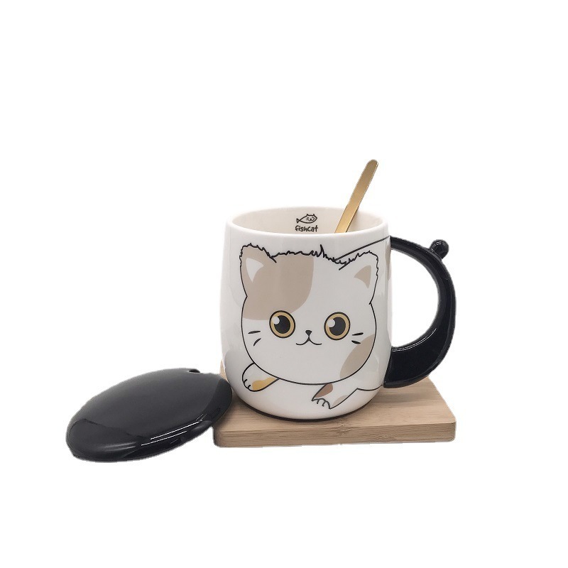 Ceramic 3D Cartoon Japanese Style Kitten Cat Paw High Quality Coffee Milk Mug With Lid Spoon