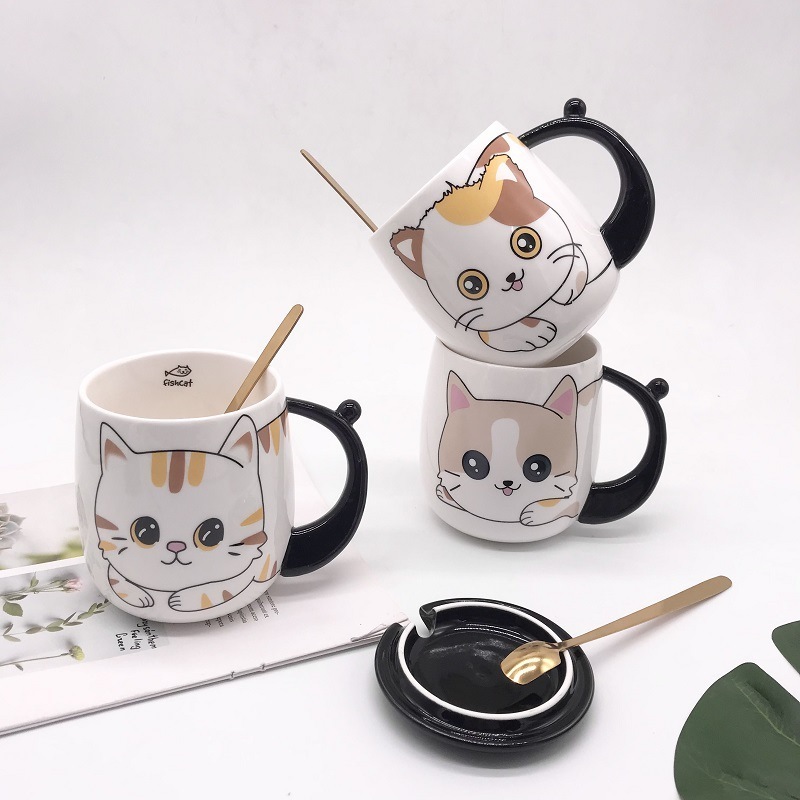 Ceramic 3D Cartoon Japanese Style Kitten Cat Paw High Quality Coffee Milk Mug With Lid Spoon