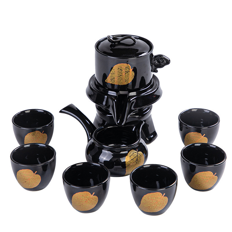 Creative Chinese Semi-Automatic Tea Set Anti-scalding Stonewashed Golden Leaf Ceramic Kung Fu Teapot for Gift Shop