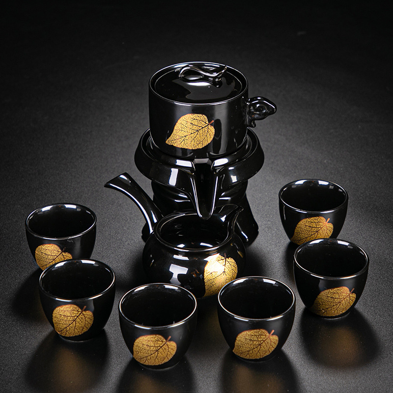 Creative Chinese Semi-Automatic Tea Set Anti-scalding Stonewashed Golden Leaf Ceramic Kung Fu Teapot for Gift Shop