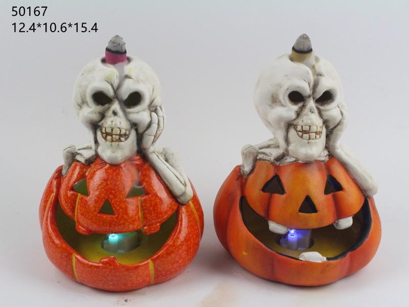 Ceramic Pumpkin Skeleton Witch Backflow Incense Holder with Colorful LED Lights for Halloween Jack O Lantern Tabletop