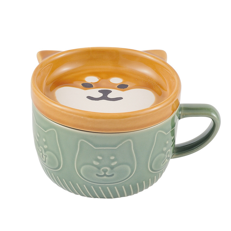 Japanese Creative Shiba Inu Mark Cup 3d Super Cute Animal Dog Mugs Coffee Ceramic Mug With Spoon and Lid