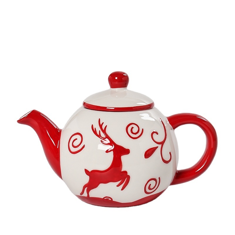 Red deer tea pot for Christmas ceramic teapot for home