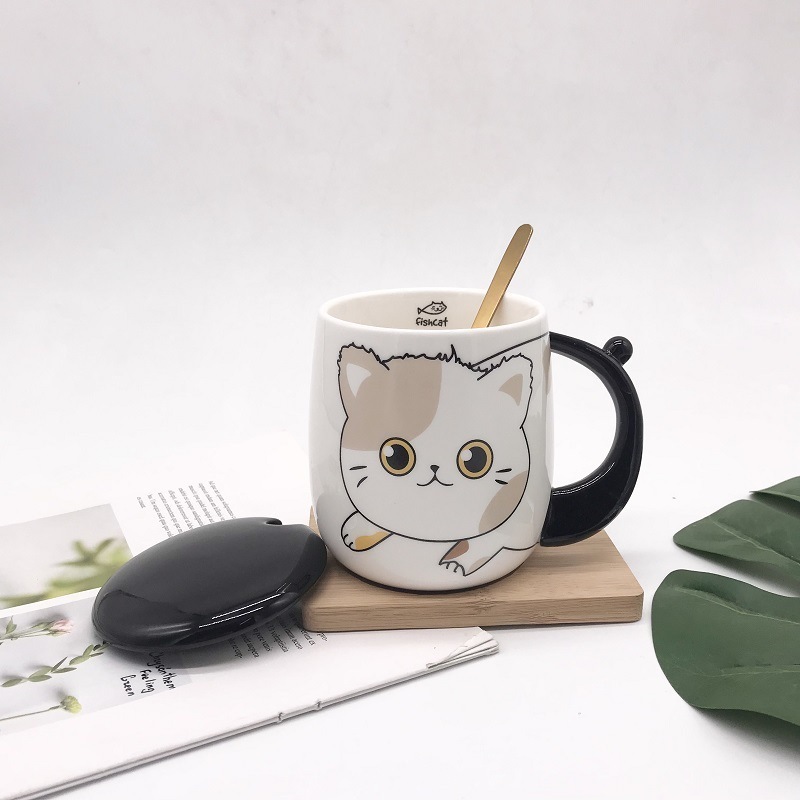 Ceramic 3D Cartoon Japanese Style Kitten Cat Paw High Quality Coffee Milk Mug With Lid Spoon