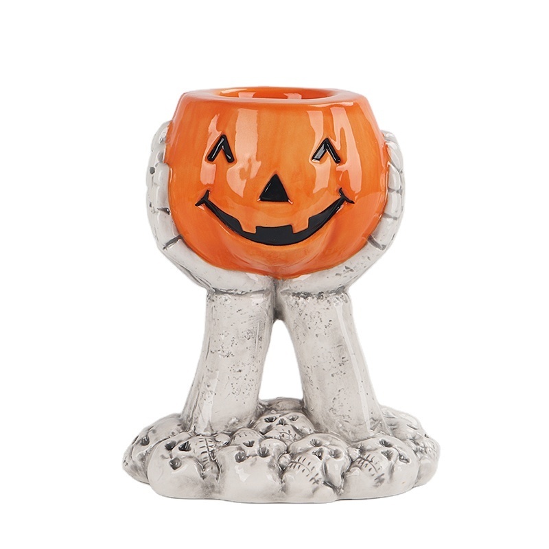 Creative  ceramic skeleton hand with pumpkin candlestick holder hand painted candle holder for Halloween decoration