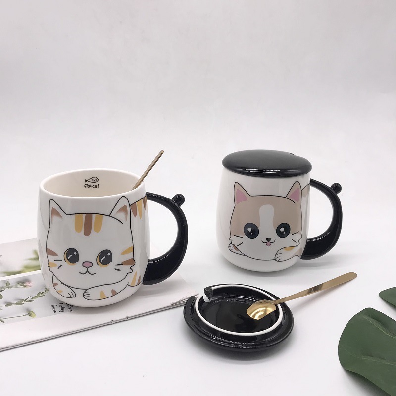 Ceramic 3D Cartoon Japanese Style Kitten Cat Paw High Quality Coffee Milk Mug With Lid Spoon