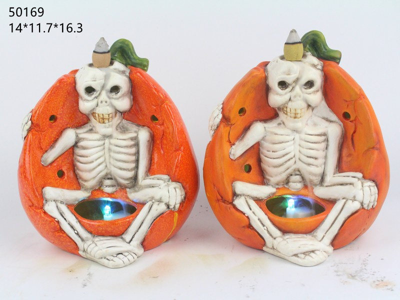 Ceramic Pumpkin Skeleton Witch Backflow Incense Holder with Colorful LED Lights for Halloween Jack O Lantern Tabletop