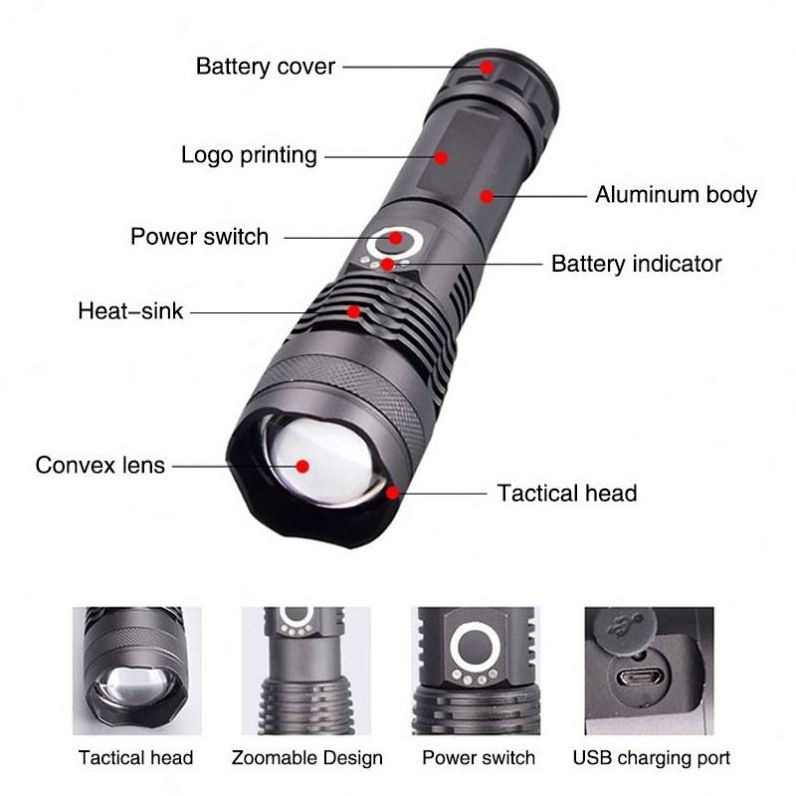 Super Bright Zoomable XHP50 Powerful LED Torch Flash Light, USB Rechargeable Waterproof Portable Security Tactical Flashlight