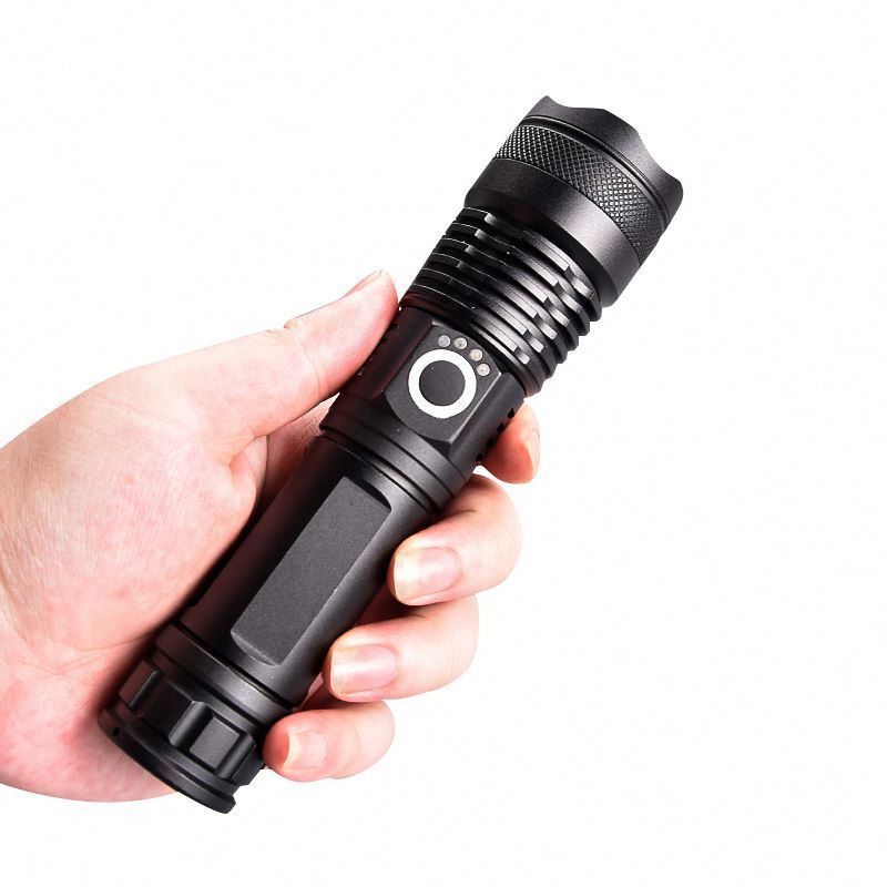 Super Bright Zoomable XHP50 Powerful LED Torch Flash Light, USB Rechargeable Waterproof Portable Security Tactical Flashlight