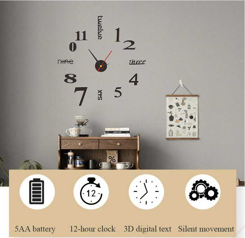 Frameless DIY Wall Clock 3D mirror wall clock large silent wall watch sticker is suitable for home decoration