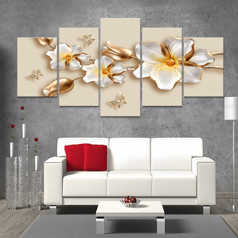 5 Panel Canvas Printed Canvas Wall 3D Modern Floral Art Painting