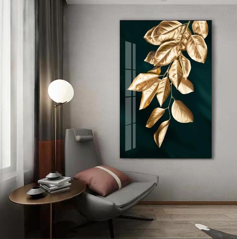 Factory Outlet Green Gold Plant Leaves Abstract Crystal Porcelain Painting Prints Wall Art